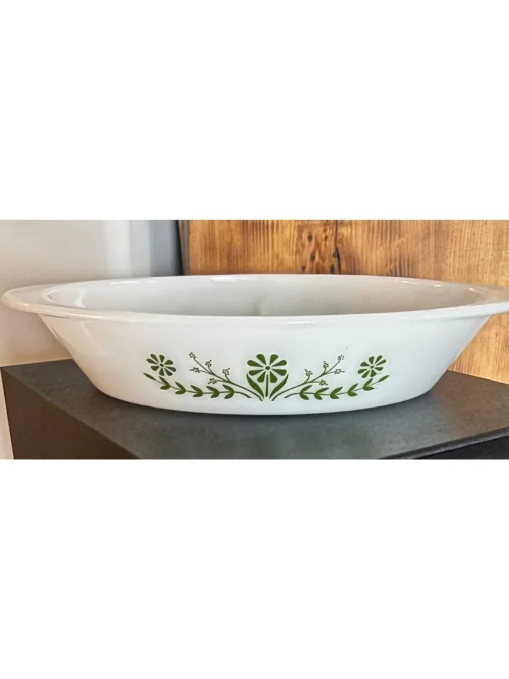 Vintage milkglass divided casserole dish, Glasbake, MCM, green daisy